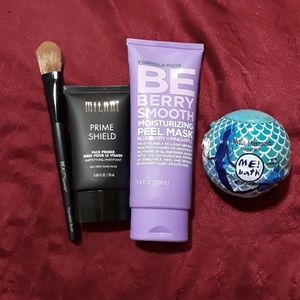 Facemask, primer, foundation brush, bathbomb, bag